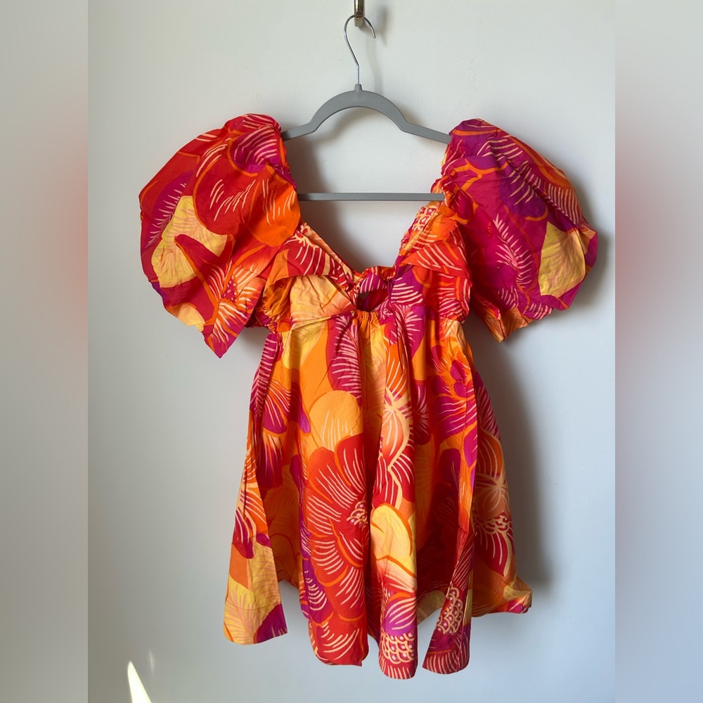 Farm Rio Summer Garden Ombre Mini Puff Sleeve Off the Shoulder Dress